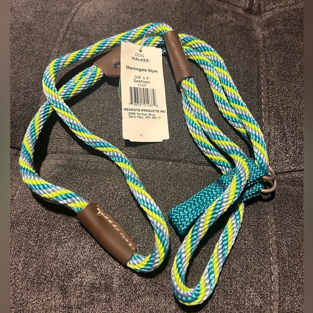 Mendota Pet Dog Walker Martingale Style Leash 3/8" x 4' Seafoam NWT Made in USA